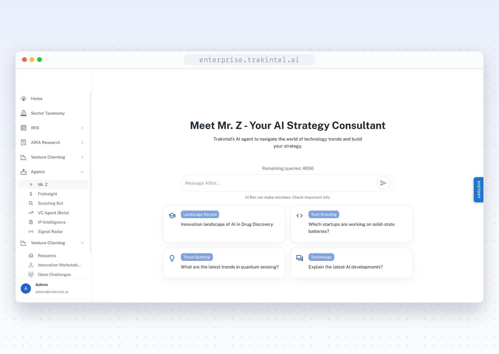 Mr Z, the strategy agent in Agent Studio: a message box for a strategic question, a note that the agent can make mistakes, and four suggested starting points covering a landscape record, tech scouting, trend spotting and a technology question.